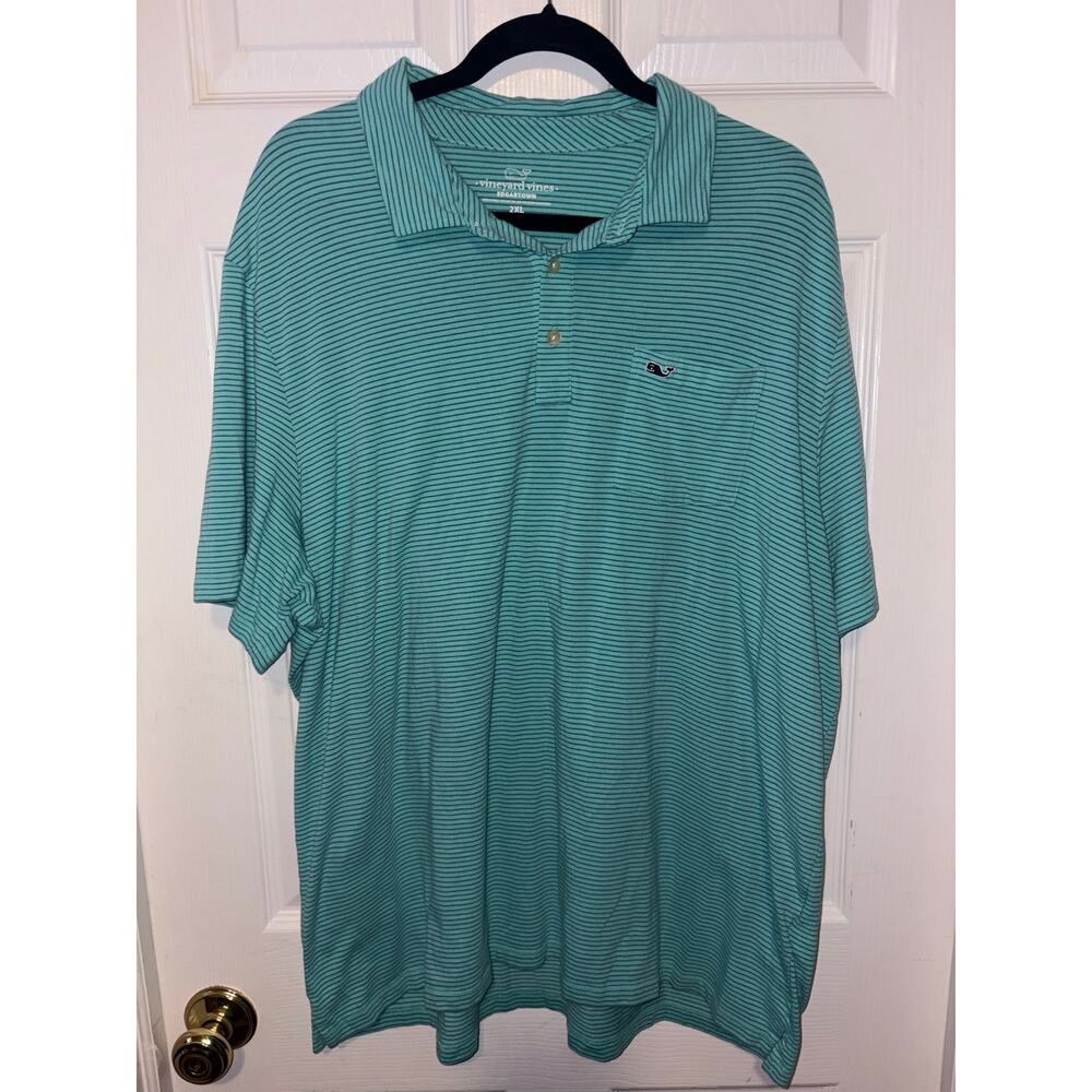 Vineyard vines, men’s Edgartown aqua blue stripe short sleeve polo shirt two XL